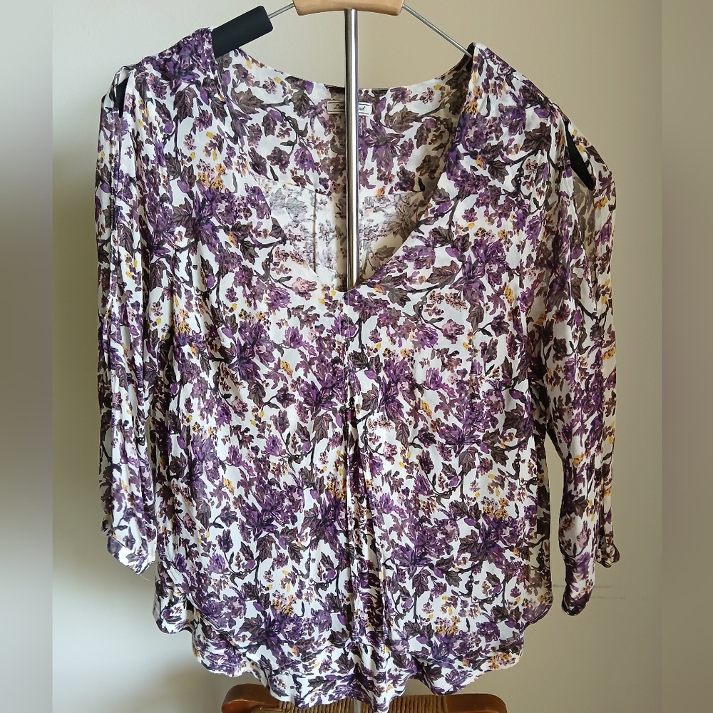 Lucky Brand Blouse Size Large Floral Viscose Slit Sleeves
